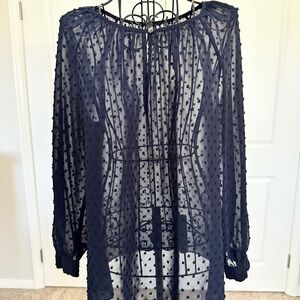 J. Crew Navy Sheer Blouse with Textured Dots